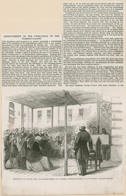 Legger grunnsteinen til et modellhus i New Street, Golden Square av English School