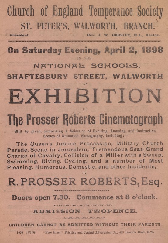 Brosjyre som annonserer en utstilling av Prosser Roberts Cinematograph av English School