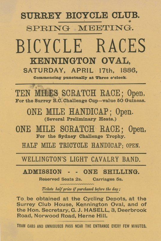 Brosjyre som annonserer sykkelritt på Kennington Oval, 17. april 1886 av English School