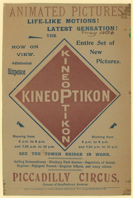 Brosjyre som annonserer Kineoptikon, Piccadilly Circus av English School