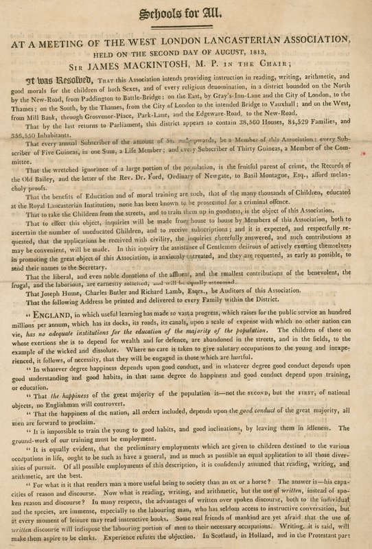 Brosjyre som forklarer en resolusjon fra West London Lancasterian Association om å begynne å gi instruksjoner til barn, august 1813 av English School