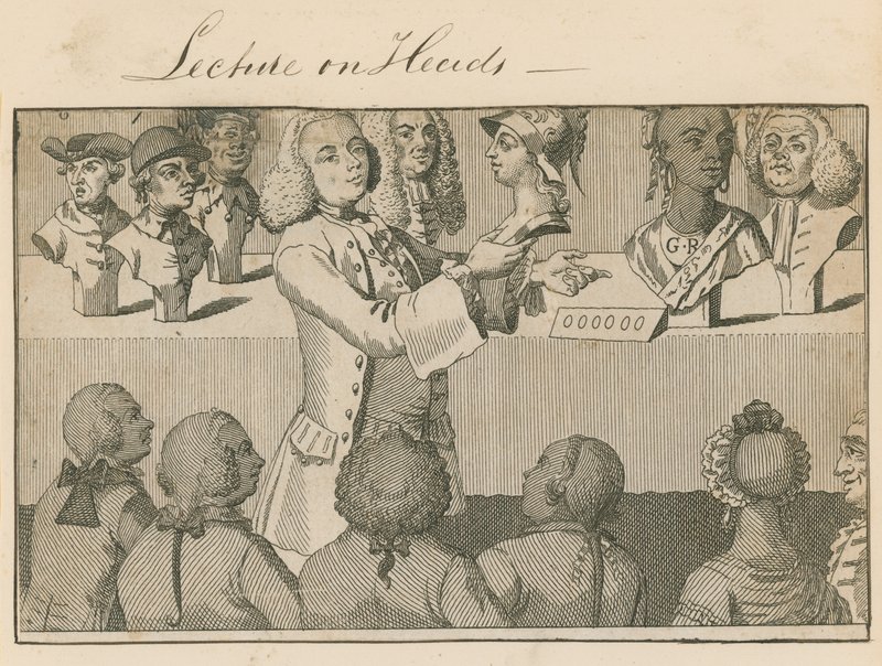 Forelesning om Heads, i Long Room, overfor Sadlers Wells, 20. juni 1765 av English School