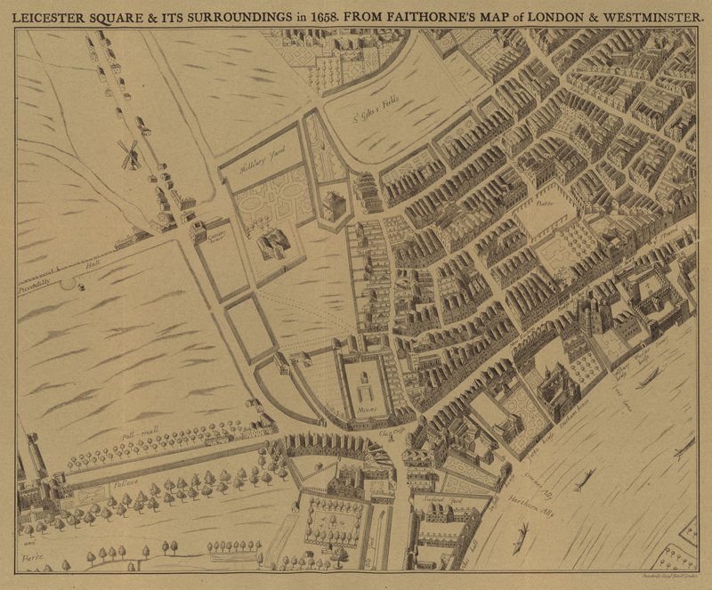 Leicester Square og dens omgivelser i 1658 av English School