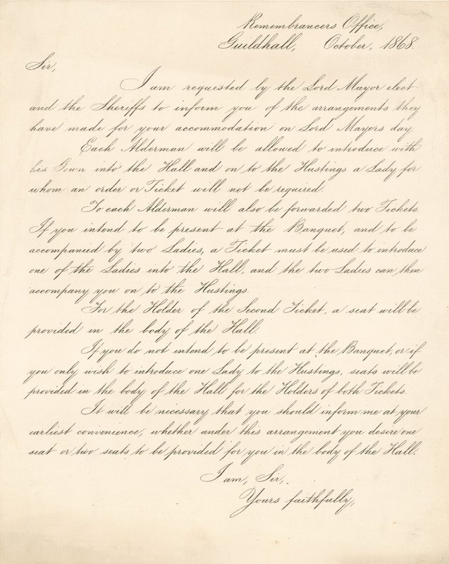 Brev som beskriver arrangementer for en bankett i Guildhall, London, 9. november 1868 av English School