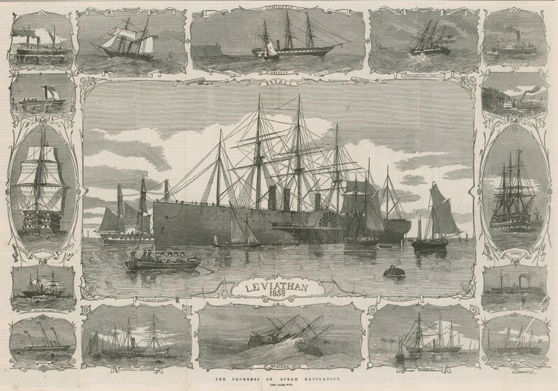 Leviathan 1858; montasje av bilder som viser fremdriften til steam nav av English School