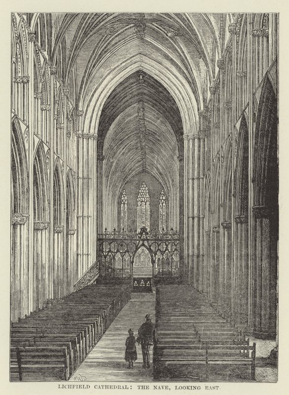 Lichfield Cathedral, kirkeskipet, med utsikt mot øst av English School