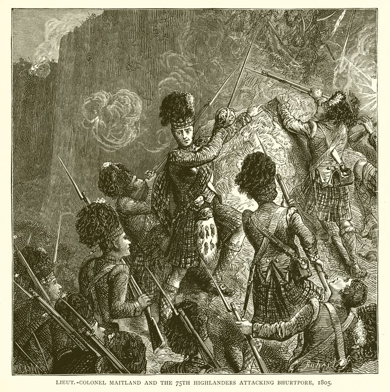 Oberstløyt Maitland og 75th Highlanders angriper Bhurtpore, 1805 av English School