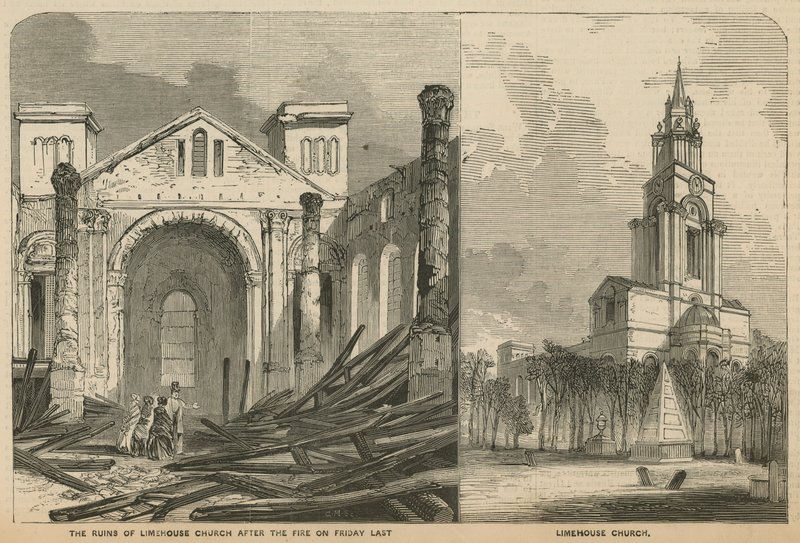 Limehouse Church før og etter brannen av English School