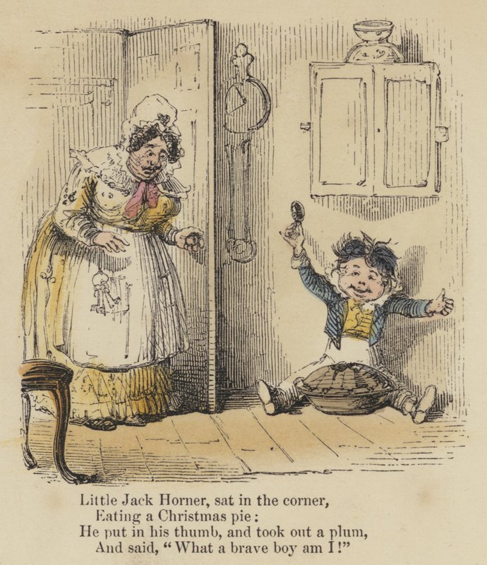 Lille Jack Horner, satt i hjørnet, spiste en julepai, han satte tommelen inn og tok ut en plomme, og sa: "For en modig gutt er jeg!" (farget gravering) av English School
