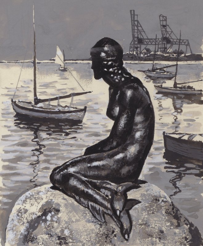 Little Mermaid Statue i København (gouache på papir) av English School