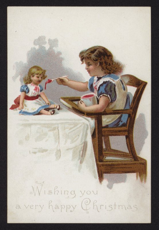 Liten jente leker med å mate dukken sin, julekort, sent på 1800- eller tidlig på 1900-tallet av English School