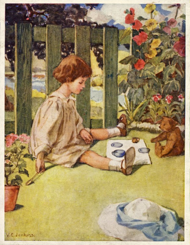 Liten jente leker med te i hagen med bamsen sin (farge litho) av English School