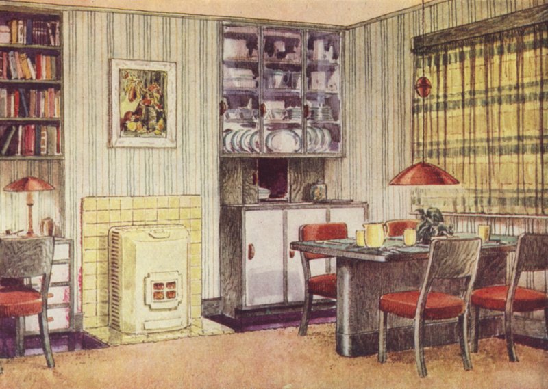 Stue med spiseplass og fast brensel bål (farge litho) av English School