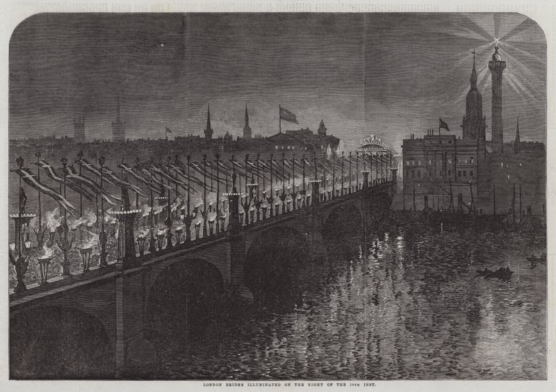 London Bridge opplyst på natten til 10. inst (gravering) av English School