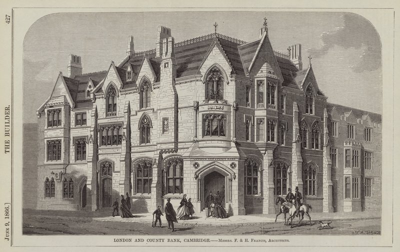 London and County Bank, Cambridge, herrerne F og H Francis, arkitekter (gravering) av English School