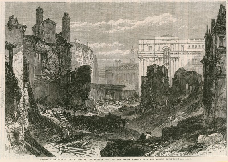 London-forbedringer: Demolitions in the Poultry for den nye gaten som fører fra Thames Embankment av English School