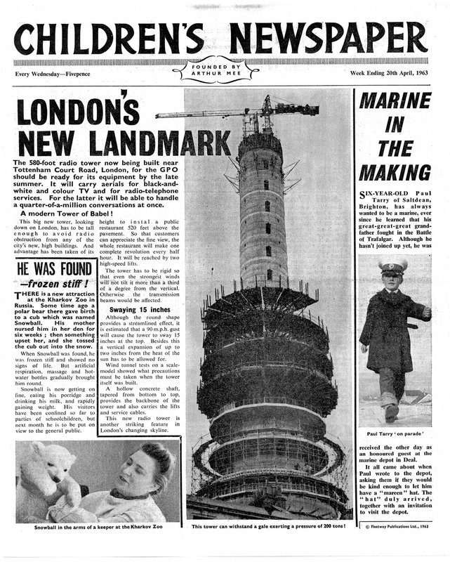 Londons nye landemerke: The Post Office Tower, forsiden av 'The Children's Newspaper', april 1963 (avis) av English School