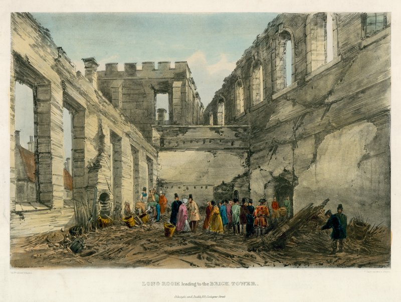 Langt rom som fører til Brick Tower, Tower of London Fire, 1841 av English School