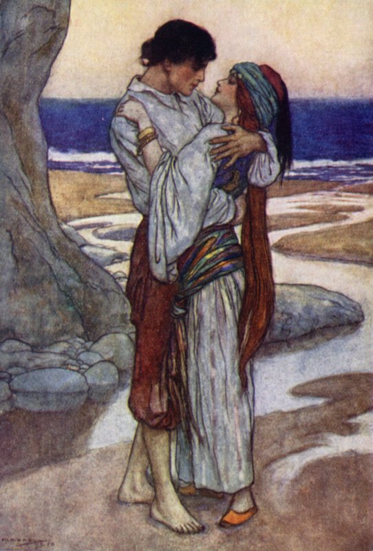 Lord Byron, Juan og Haidee (farge litho) av English School
