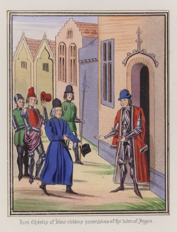 Lord Charles of Blois får byen Jugon i besittelse (farget gravering) av English School