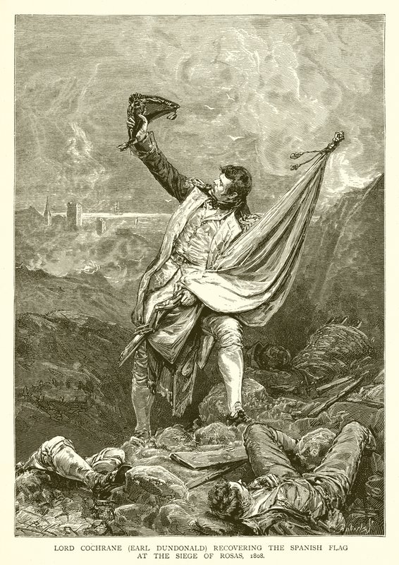 Lord Cochrane (Earl Dundonald) gjenvinner det spanske flagget ved beleiringen av Rosas, 1808 av English School