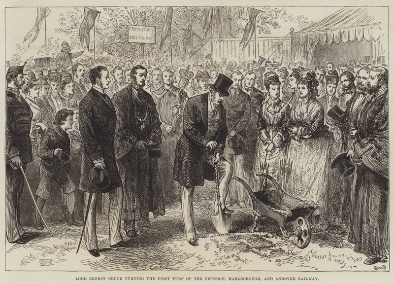 Lord Ernest Bruce Turning the First Turf of the Swindon, Marlborough og Andover Railway (gravering) av English School