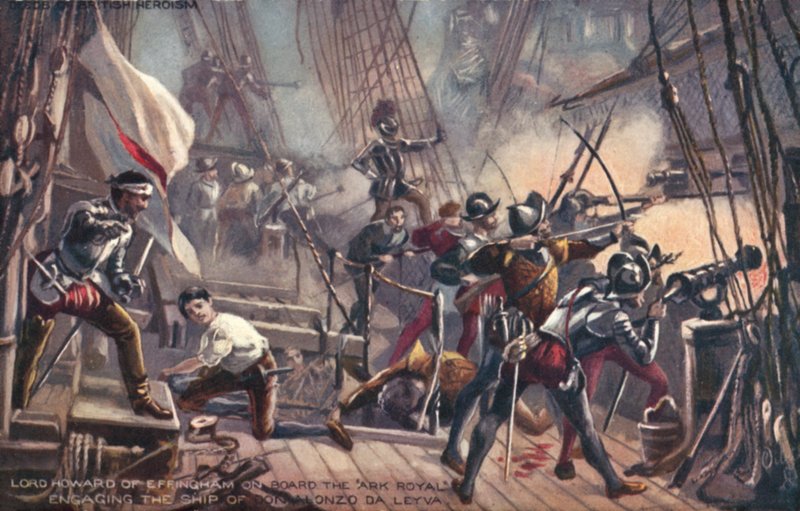 Lord Howard av Effringham på Ark Royal, engasjerer Don Alonzo da Leyva, spansk armada av English School