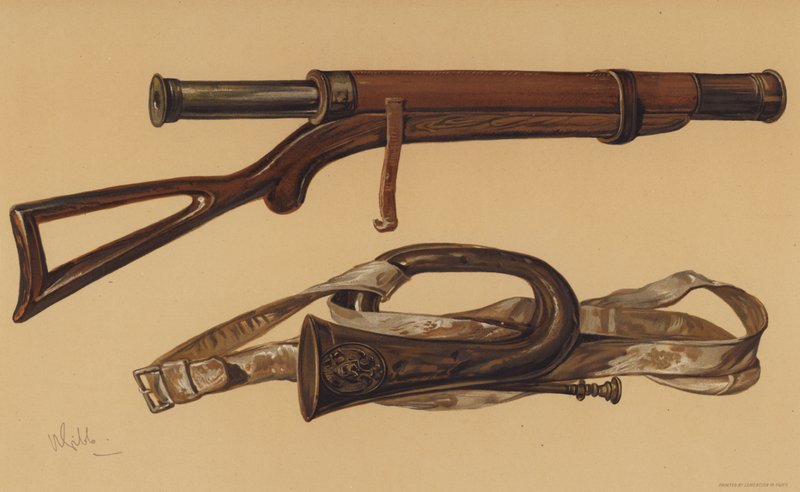 Lord Raglans teleskop, og en russisk bugle fra Sebastopol (chromolitho) av English School