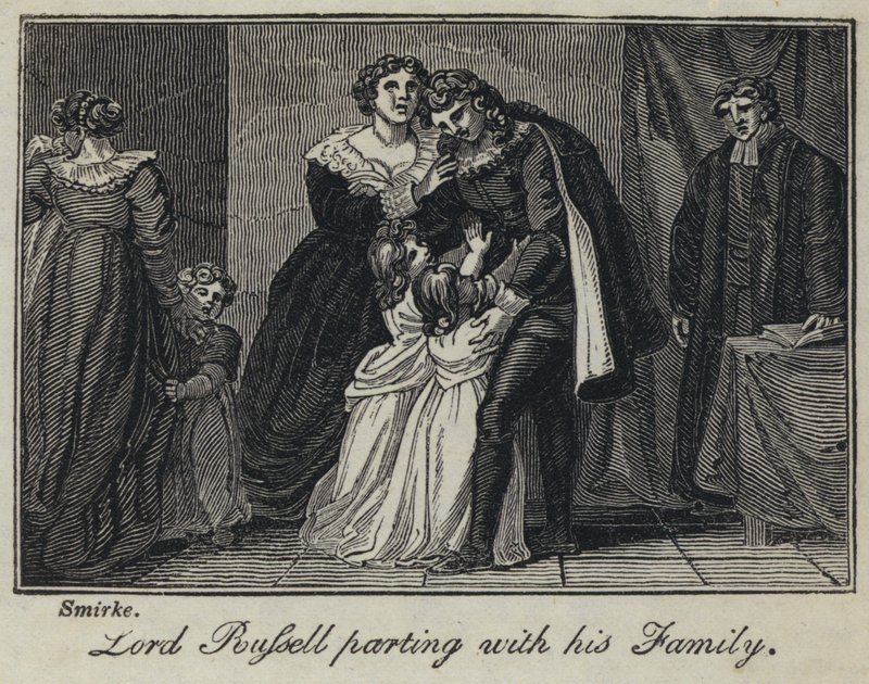 Lord Russell skiller seg med familien sin (gravering) av English School