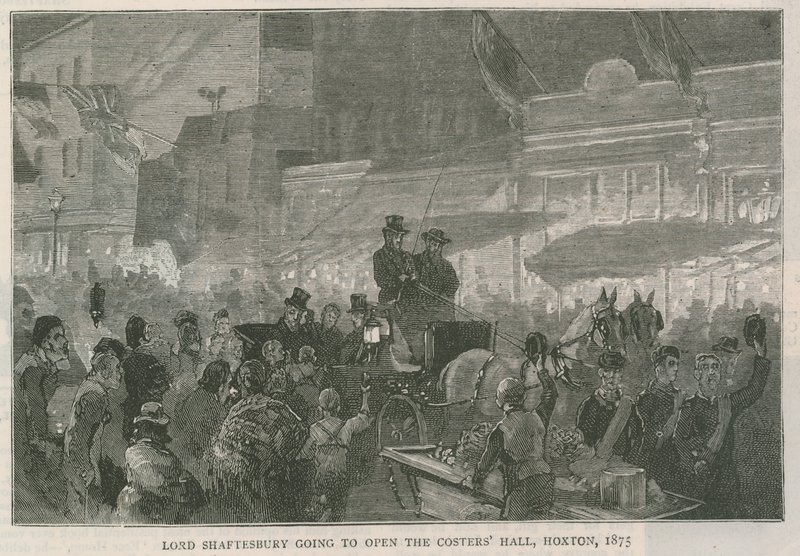 Lord Shaftesbury skal åpne Costers Hall, Hoxton, London, 1875 av English School