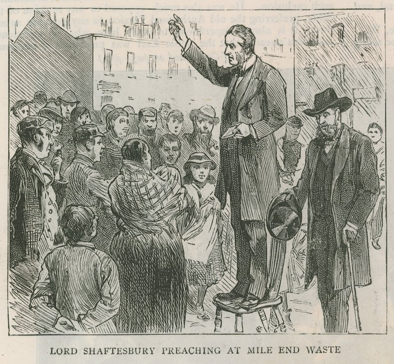 Lord Shaftesbury forkynner i Mile End Waste, London av English School