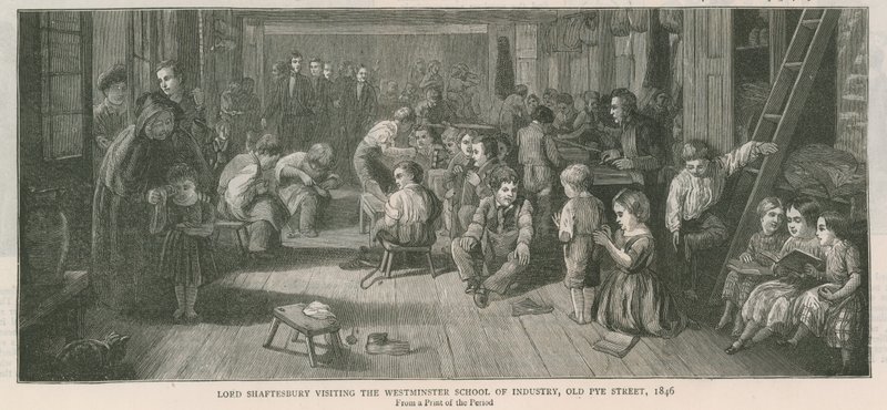 Lord Shaftesbury besøker Westminster School of Industry, Old Pye Street, London, 1846 av English School