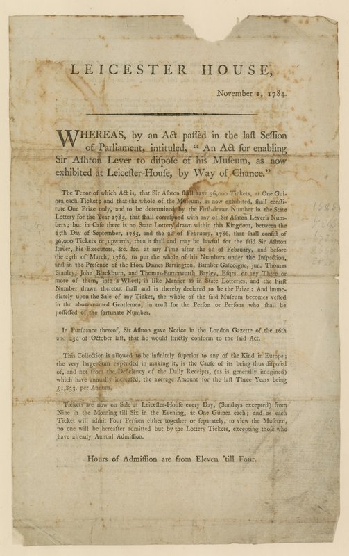 Lotteri for avhending av Sir Ashton Levers Museum, 1784 av English School