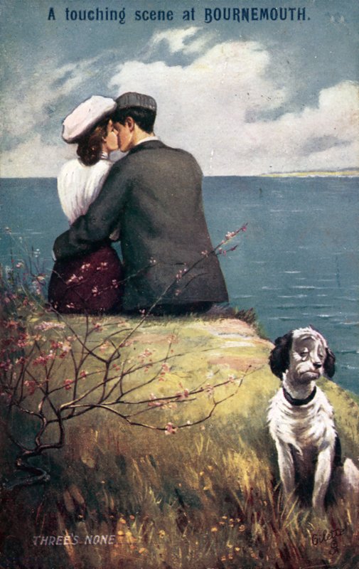 Elskere i Bournemouth, med hund ekskludert (farge litho) av English School