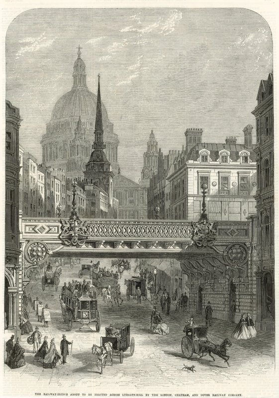 Ludgate Hill, jernbanebroen i ferd med å bli reist av London, Chatham og Dover Railway Company av English School