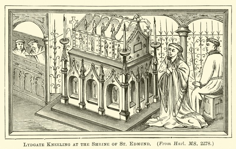 Lydgate kneler ved Shrine of St Edmund av English School