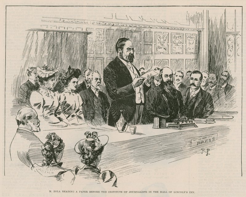 M Emile Zola leser en artikkel foran Institute of Journalists i hallen til Lincolns Inn, London av English School