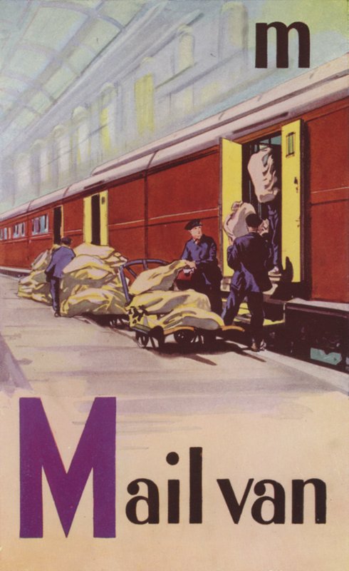 M, postvarebil (farge litho) av English School