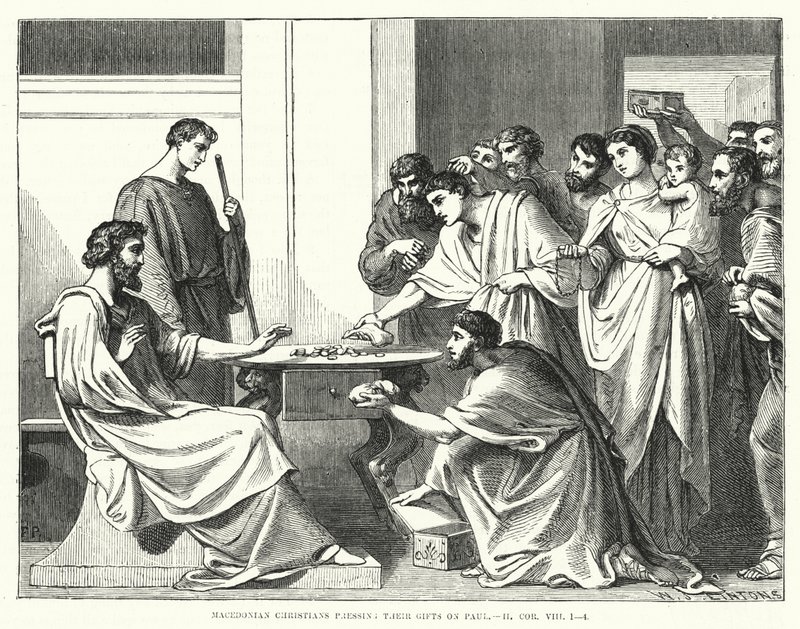 Makedonske kristne presser sine gaver på Paulus, II. Korinterbrev VIII av English School
