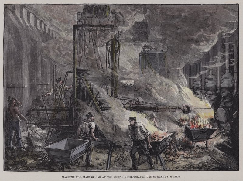 Maskin for å lage gass ved South Metropolitan Gas Companies verk, London av English School