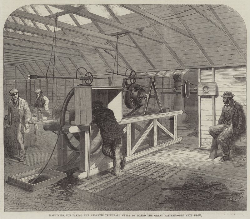Maskineri for å ta Atlantic Telegraph Cable om bord på Great Eastern (gravering) av English School
