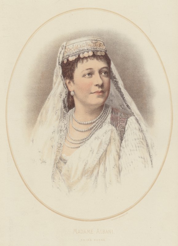 Madame Albani, Prima Donna (farge litho) av English School