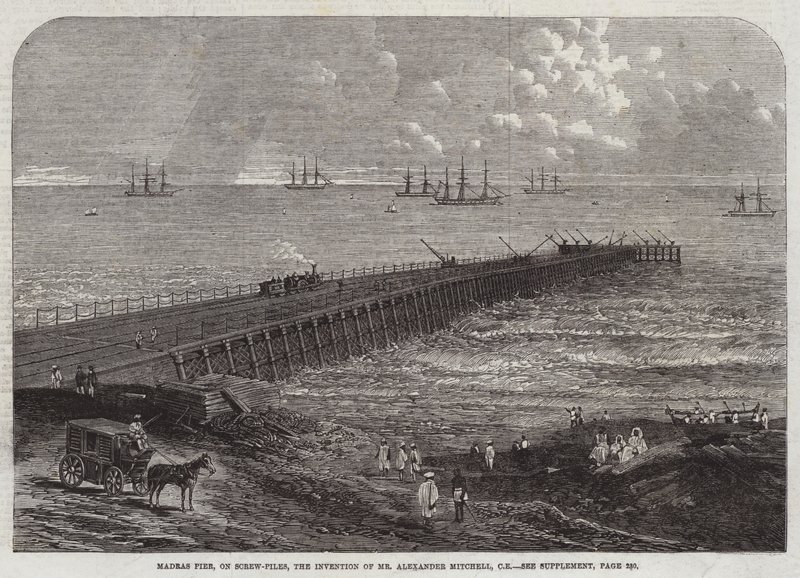 Madras Pier, on Screw-Piles, oppfinnelsen av Alexander Mitchell, CE (gravering) av English School
