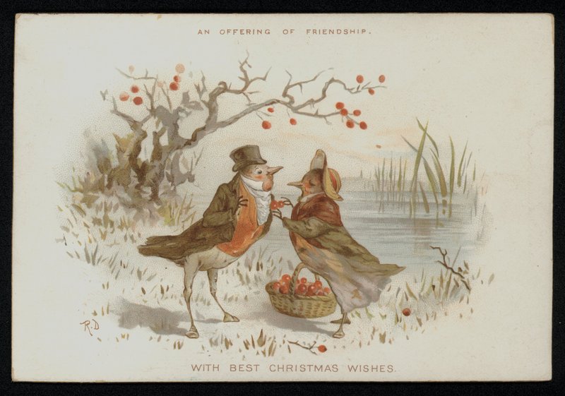 Mannlige og kvinnelige robiner i kostyme. Julekort. (chromolitho) av English School