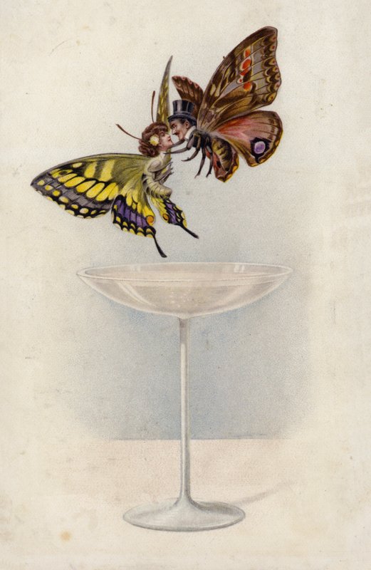 Mann og kvinne, som sommerfugler, svever over et glass champagne (farge litho) av English School
