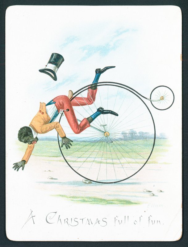 Mann som faller av Penny Farthing, julekort av English School