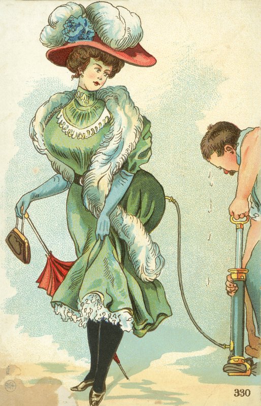Mann blåser opp en edvardiansk kvinnes skjørt med en pumpe (farge litho) av English School