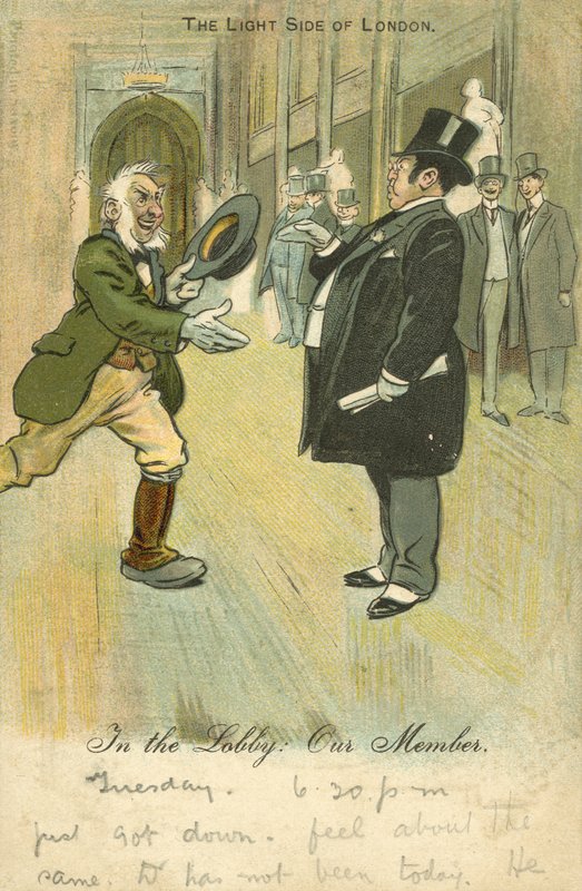 Mann skynder seg å håndhilse på MP (farge litho) av English School