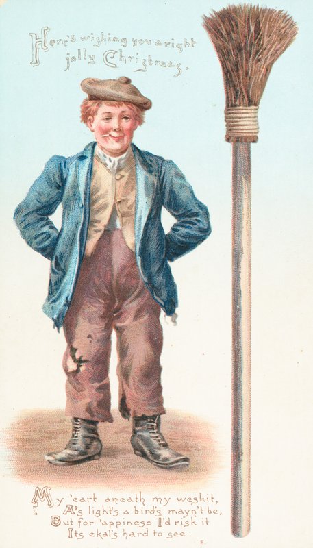 Mann med kost og sigarett, julekort av English School