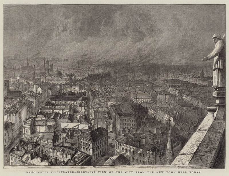 Manchester Illustrated, fugleperspektiv av byen fra New Town Hall Tower (gravering) av English School